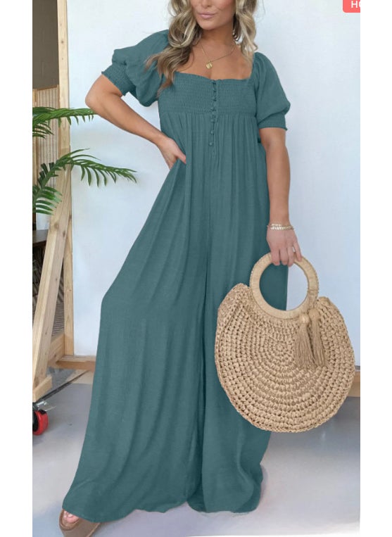 2024 Plus Size Solid Casual Puff Sleeve Jumpsuit for Women Blue