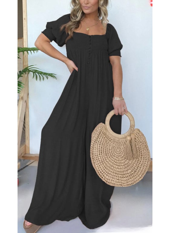 2024 Plus Size Solid Casual Puff Sleeve Jumpsuit for Women Black