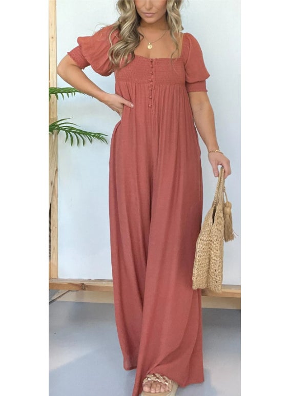 2024 Plus Size Solid Casual Puff Sleeve Jumpsuit for Women Orange red