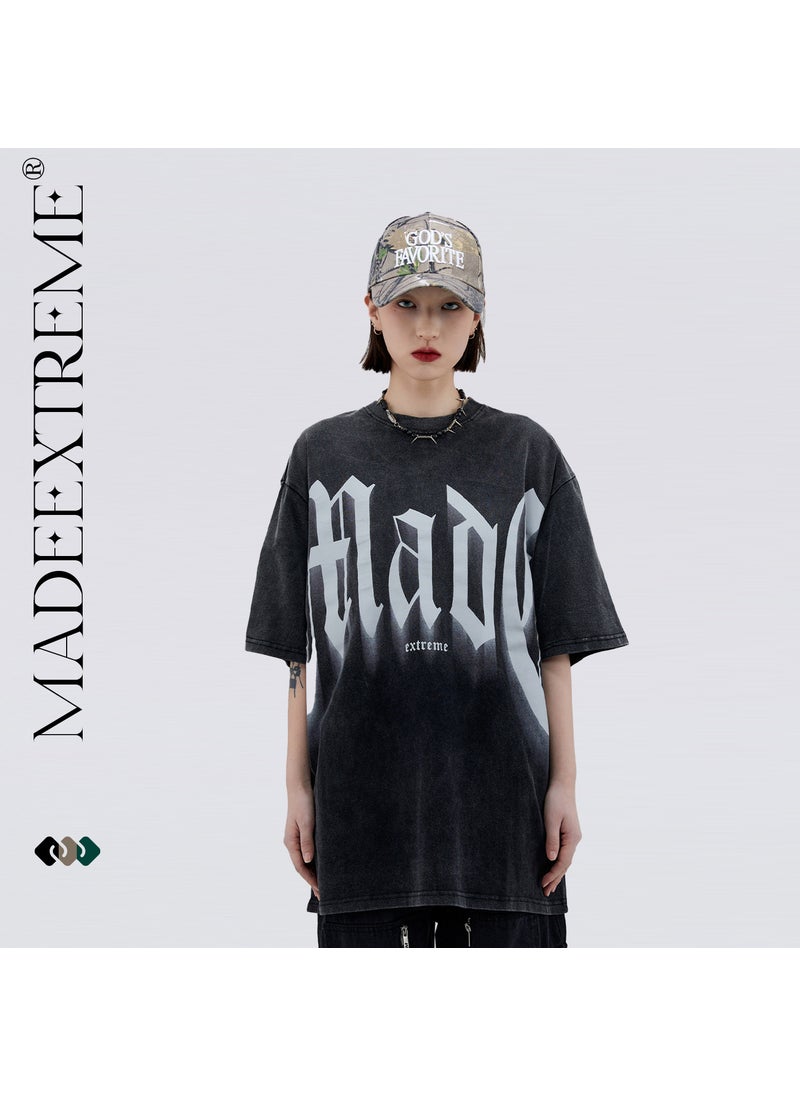 MADEEXTREME Vintage Washed Casual Letter Print Tee Black