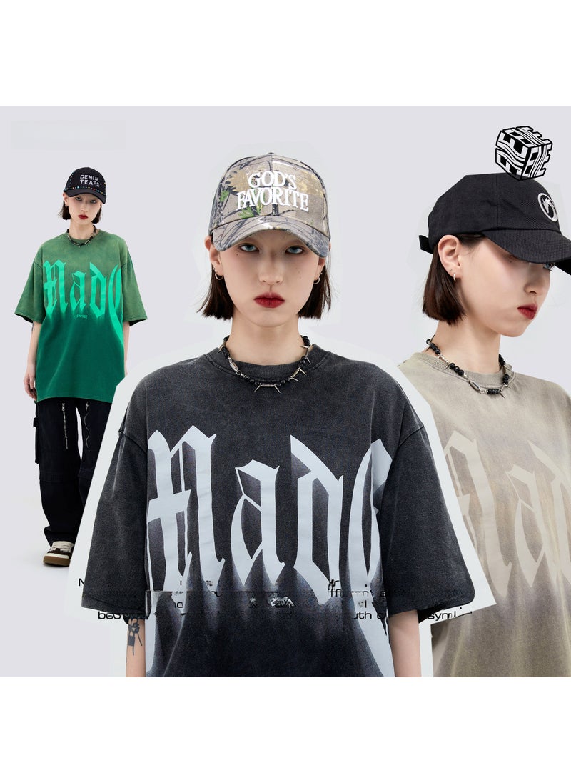 MADEEXTREME Vintage Washed Casual Letter Print Tee Black