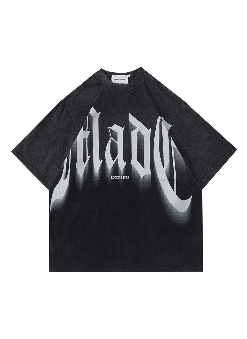 MADEEXTREME Vintage Washed Casual Letter Print Tee Black