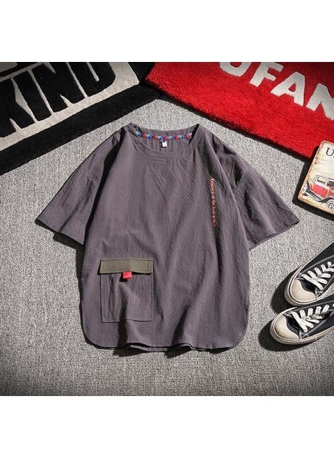 Japanese Style Mens Linen T-Shirt Summer Loose Trendy Tee Gray