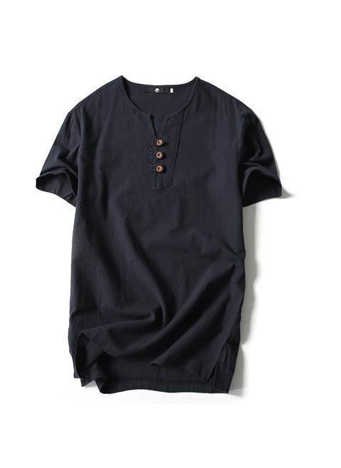 Chinese Style Linen T-Shirt Plus Size Mens Summer Tee Oversized 3-button black single T