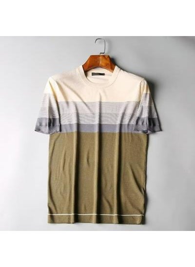 1 x 5 pcs Mens Summer Striped Ice Silk T-shirt Casual Loose Trendy Tee Green