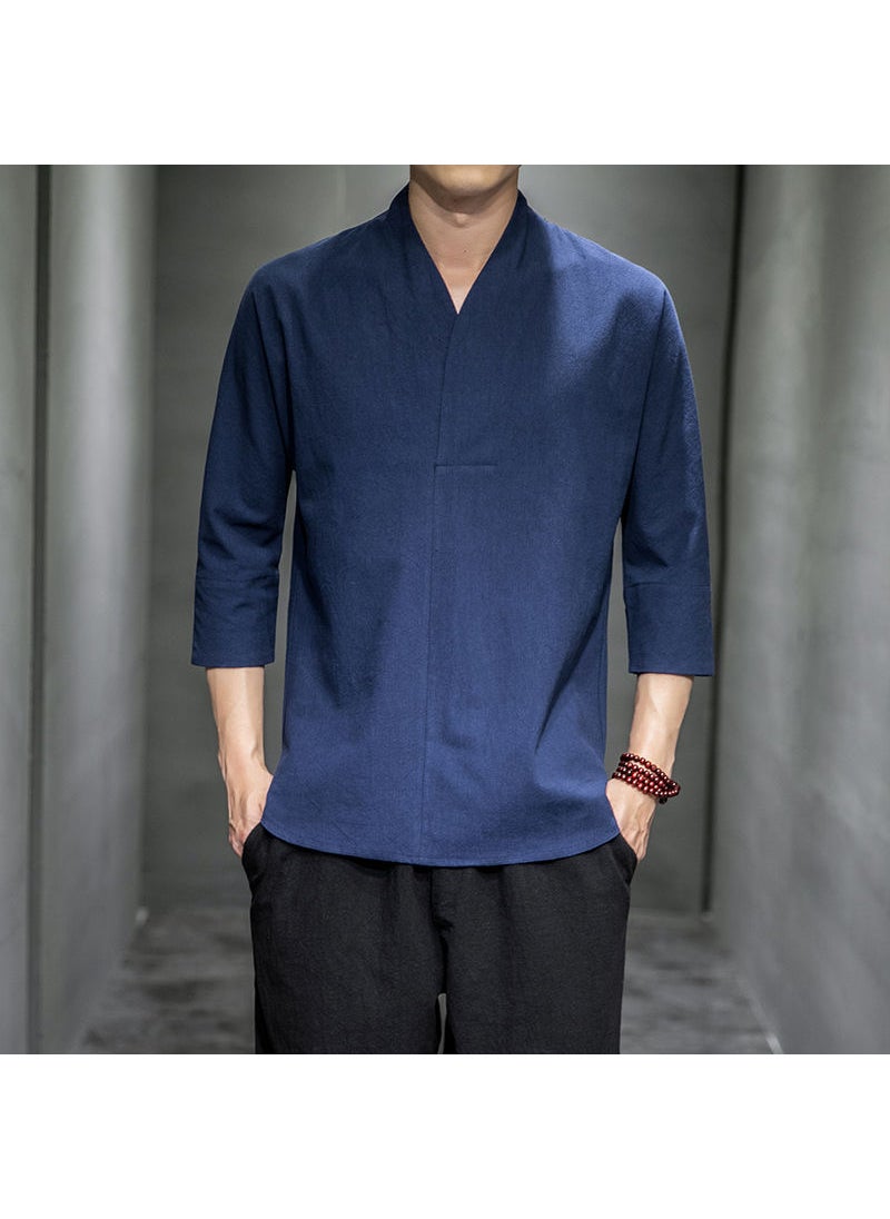 Mens Summer Linen Cotton Hanfu Style Shirt 3 Blue