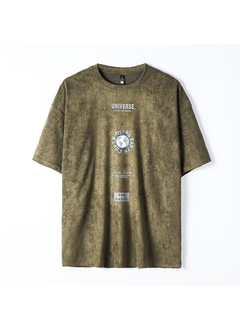 Vintage Suede Short Sleeve T-Shirt Mens Summer Oversized Tee Green