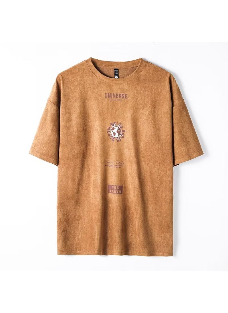 Vintage Suede Short Sleeve T-Shirt Mens Summer Oversized Tee Coffee