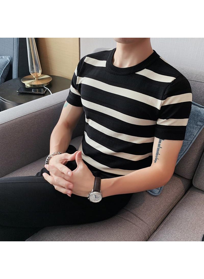 Mens Green Stripe Knit Tee Summer Slim Fit Black