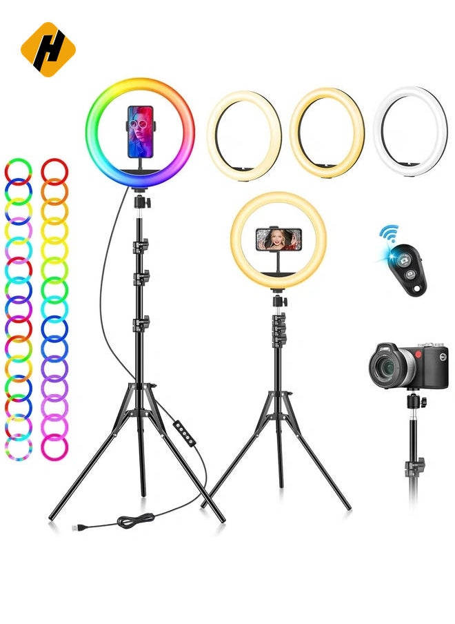 Ring Light with Tripod Stand & Phone Holder, 10 inch Selfie LED Ringlight Dimmable Desktop 40 Colors RGB Tall Circle Light for Camera Makeup Video YouTube TikTok Live Streaming Zoom Meeting