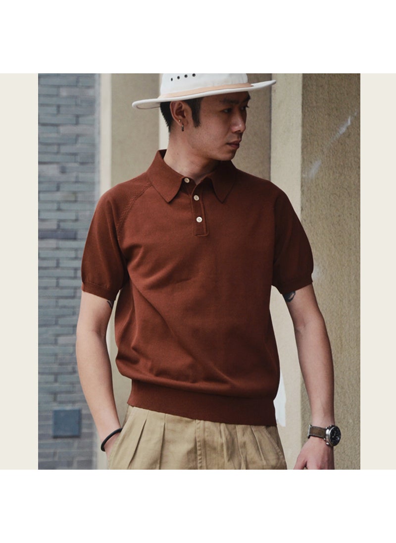 Vintage Cotton Knit Mens Polo Shirt Summer Short Sleeve T-Shirt 063 Dark Brown