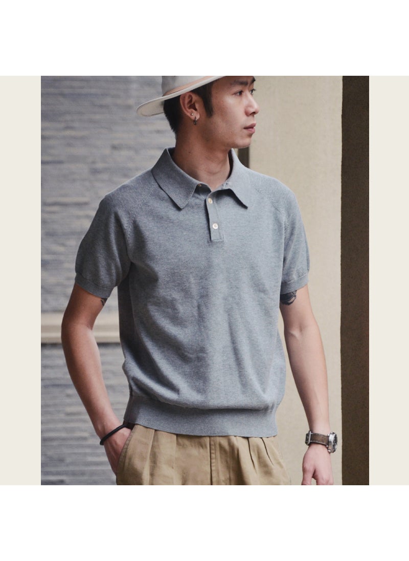 Vintage Cotton Knit Mens Polo Shirt Summer Short Sleeve T-Shirt 063 Light Gray