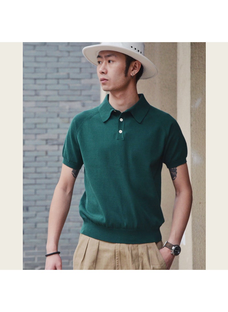 Vintage Cotton Knit Mens Polo Shirt Summer Short Sleeve T-Shirt 063 Pine Forest Green