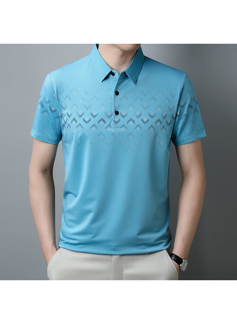Mens Casual Striped Polo Tee Oversized Summer Light Blue