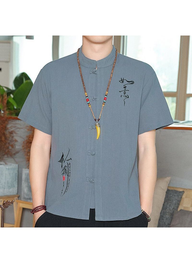 Chinese Style Embroidered Shirt Mens Short Sleeve T-Shirt Gray blue T2229