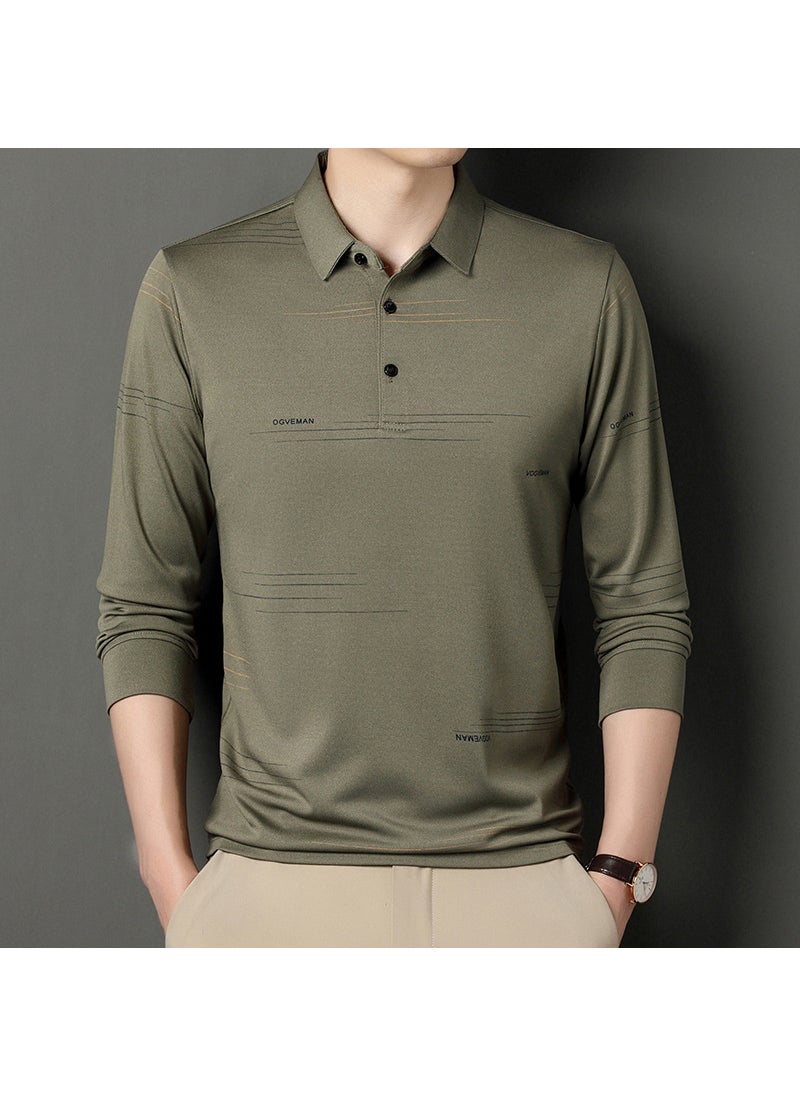 Mens Casual Striped Polo Shirt Long Sleeve Fashion Green