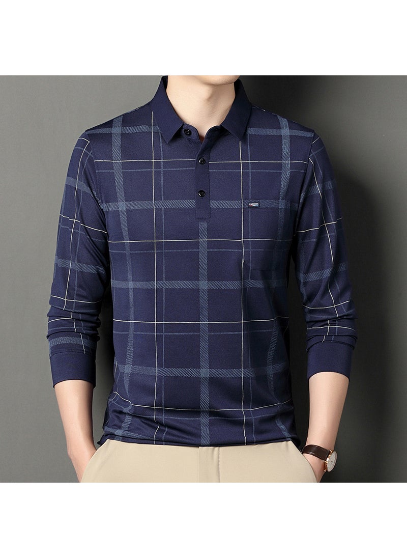 2024 New Spring Autumn Mens Striped Long Sleeve Polo Shirt Casual Fashion Collar Top Trend Navy blue