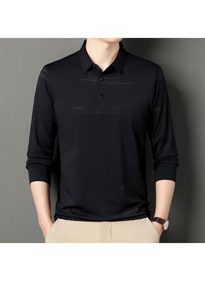 Mens Casual Striped Polo Shirt Long Sleeve Fashion Black