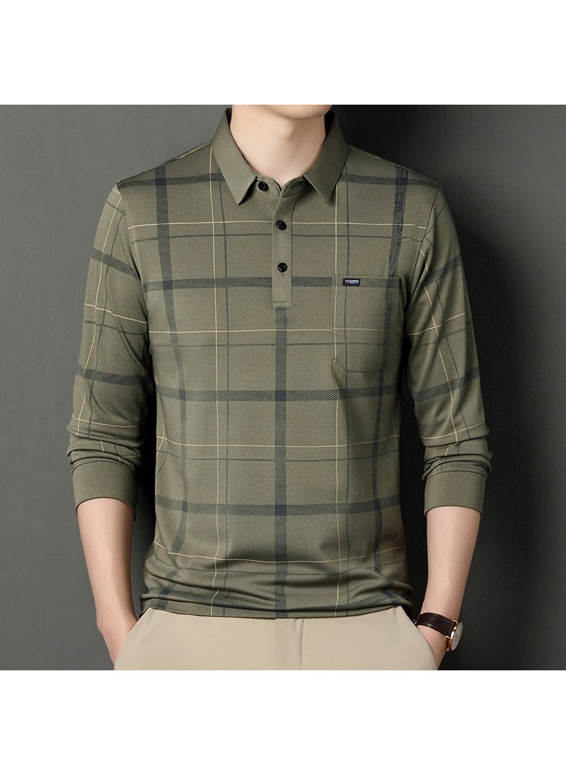 2024 New Spring Autumn Mens Striped Long Sleeve Polo Shirt Casual Fashion Collar Top Trend Green