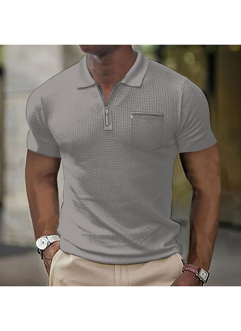 2023 Summer Waffle Zip Polo Shirt Mens Grey