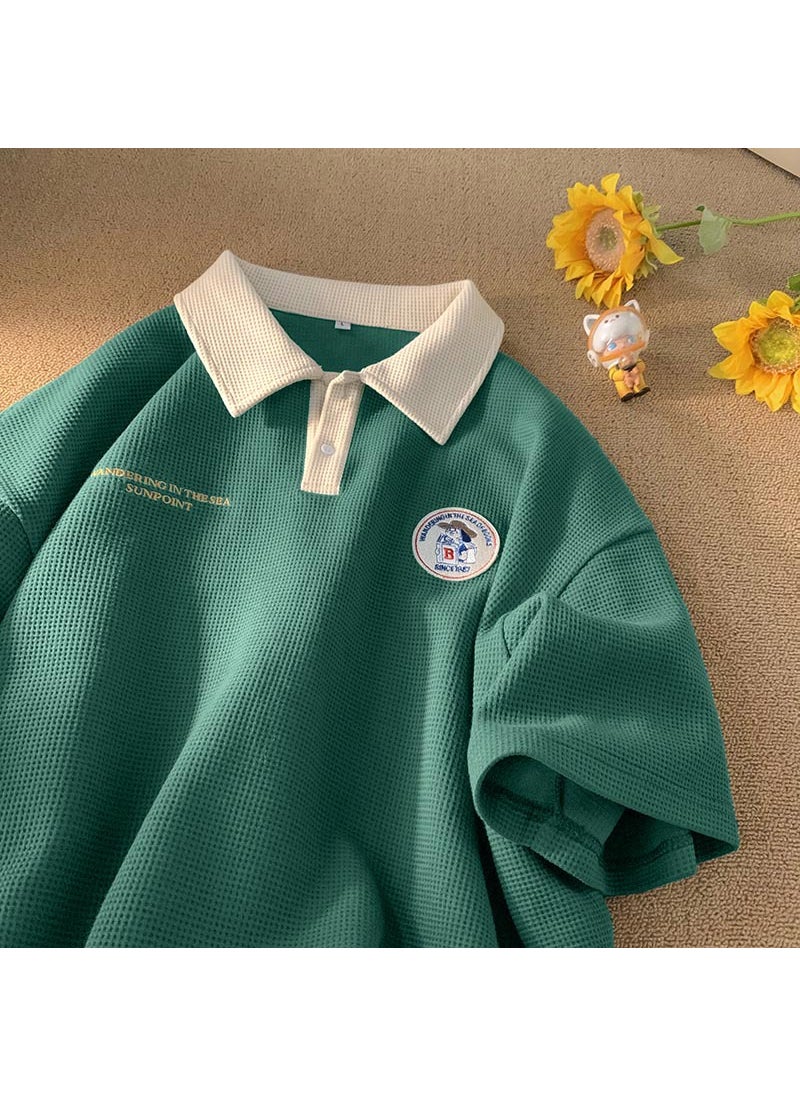 Waffle Knit Embroidered Polo Unisex Casual Top Green