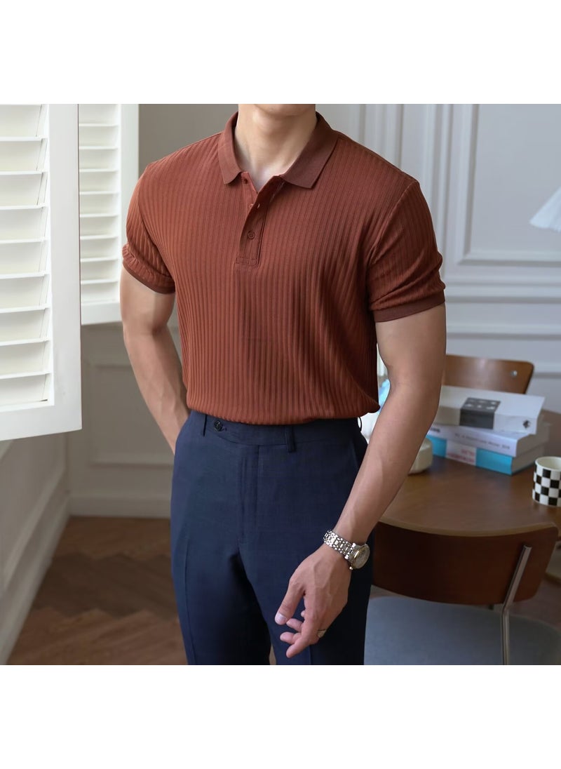 1 x 5 pcs Mens Slim Fit Stripe Cotton Polo Shirt brown