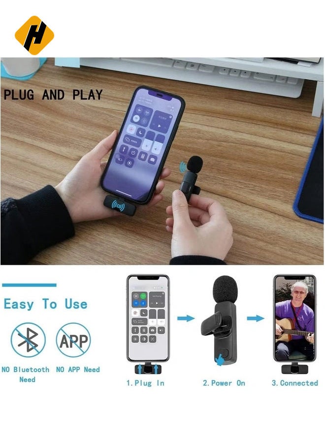 Wireless Lavalier Microphone for iPhone iPad, Plug-Play Wireless Mic for Recording, Live Stream, YouTube, TikTok, Facebook, Noise Reduction Auto-Sync