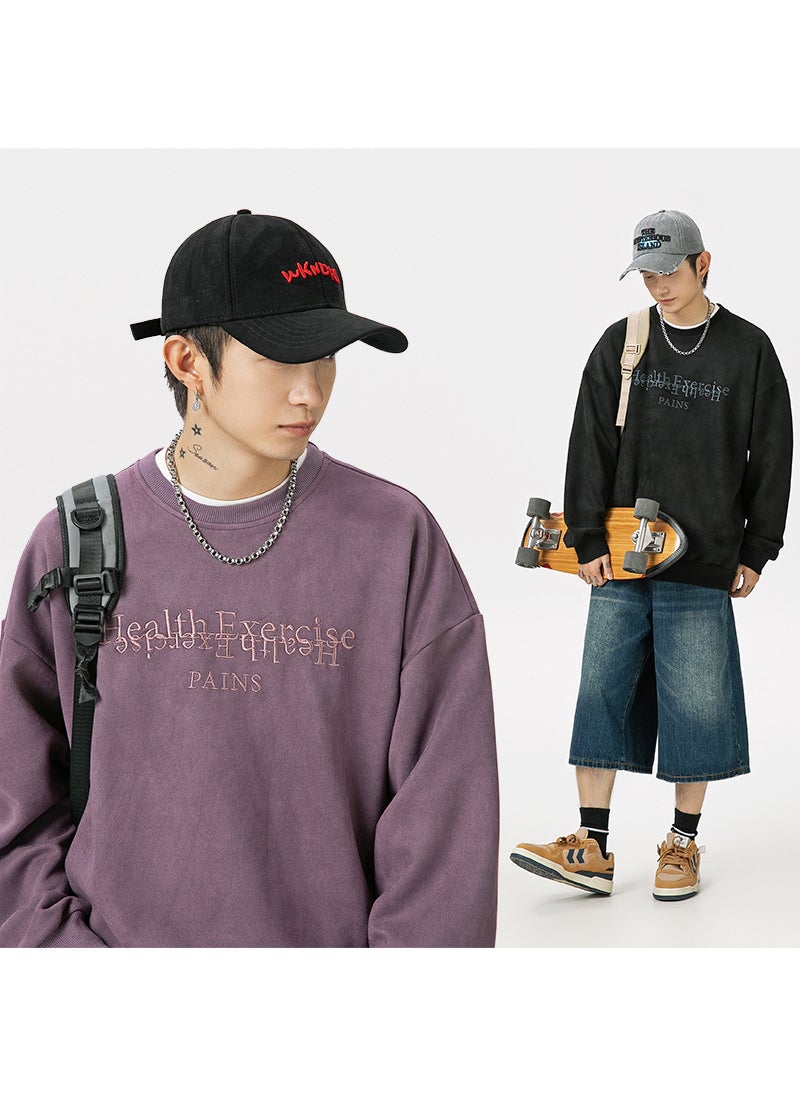 Velvet Embroidered Crewneck Sweatshirt Men Autumn Casual rice ash