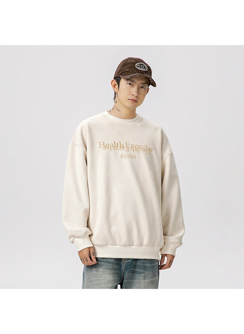 Velvet Embroidered Crewneck Sweatshirt Men Autumn Casual rice ash