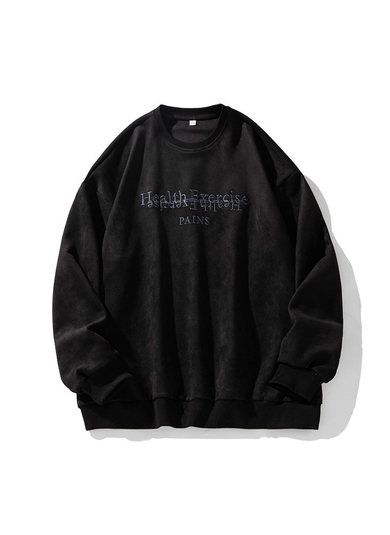 Velvet Embroidered Crewneck Sweatshirt Men Autumn Casual rice ash