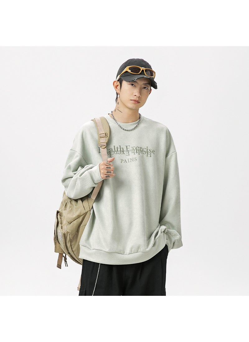 Velvet Embroidered Crewneck Sweatshirt Men Autumn Casual rice ash