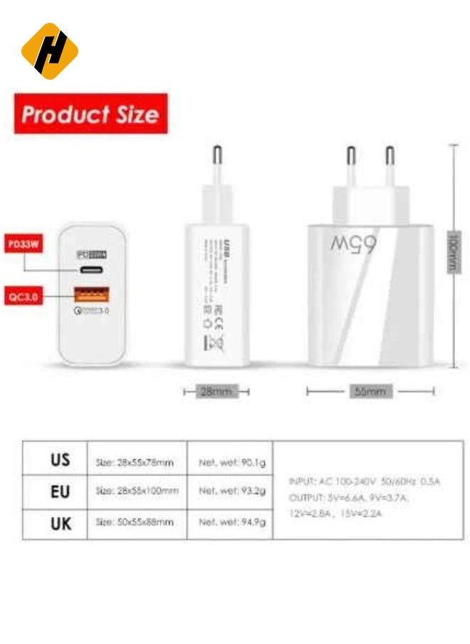 65W Fast Charge Adapter For MacBook Pro Laptop Type C PD Quick Phone Charger For iPhone 13 11 iPad Huawei Samsung