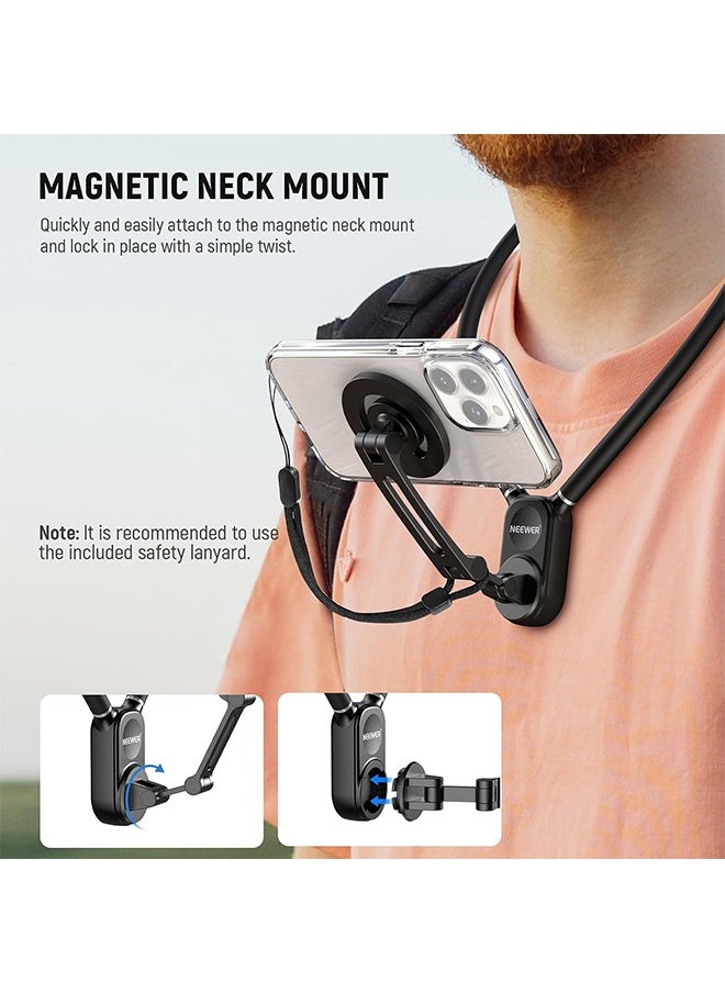 NEEWER Magnetic Neck Holder for Action Camera & Phone, Hands Free Neck Tripod Chest Mount Compatible with GoPro DJI Insta360 iPhone 15 Android, Neck Phone Holder for Recording POV Video Vlog, GP16