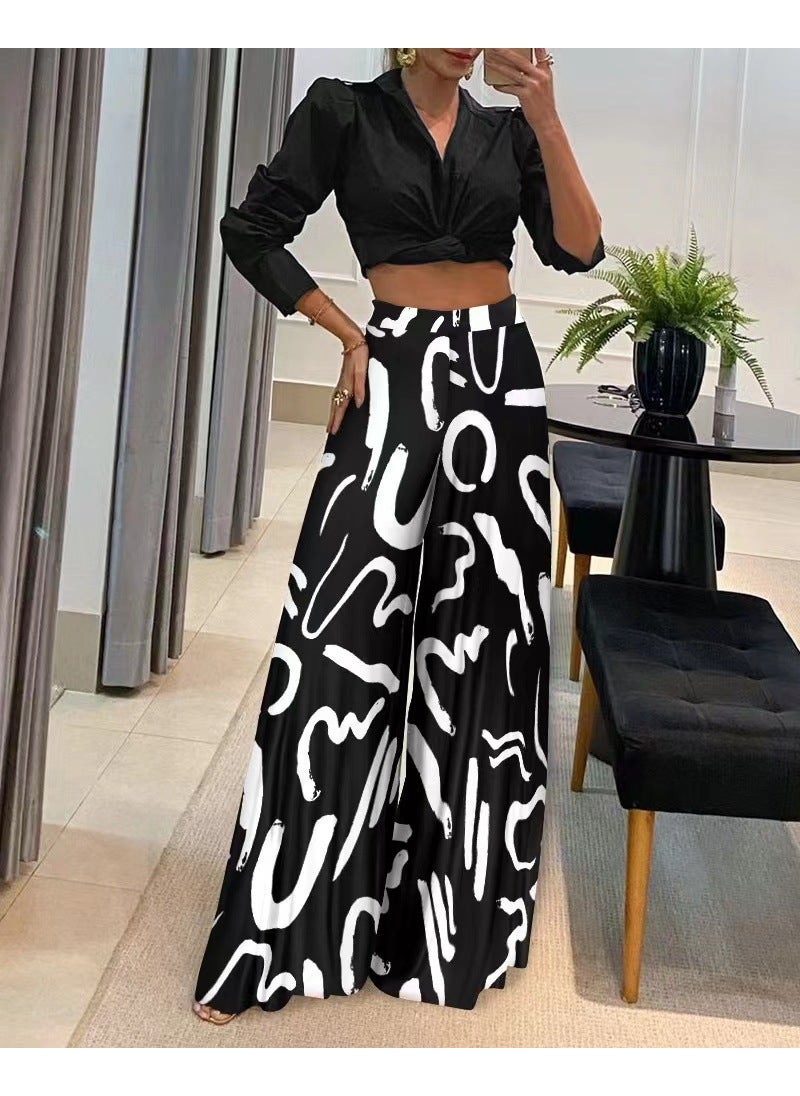 1 x 5 pcs 2023 Autumn Floral Print Wide Leg Pants Black