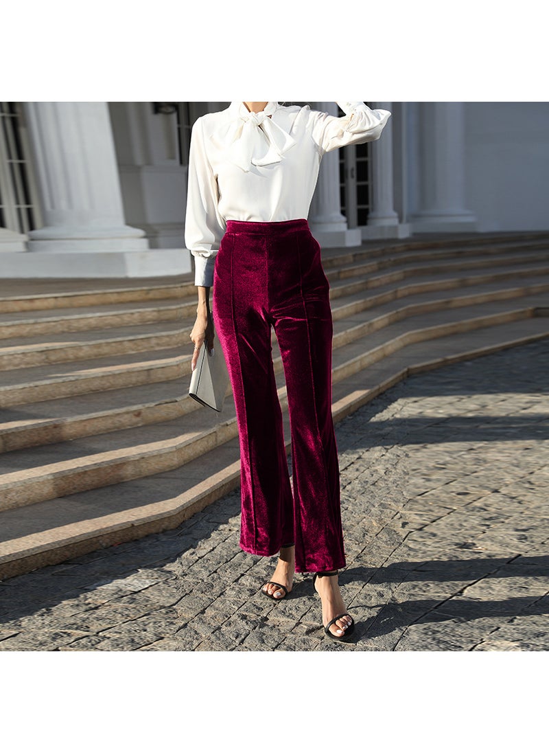 1 x 5 pcs 2024 Autumn High Waist Velvet Pants for Women Burgundy