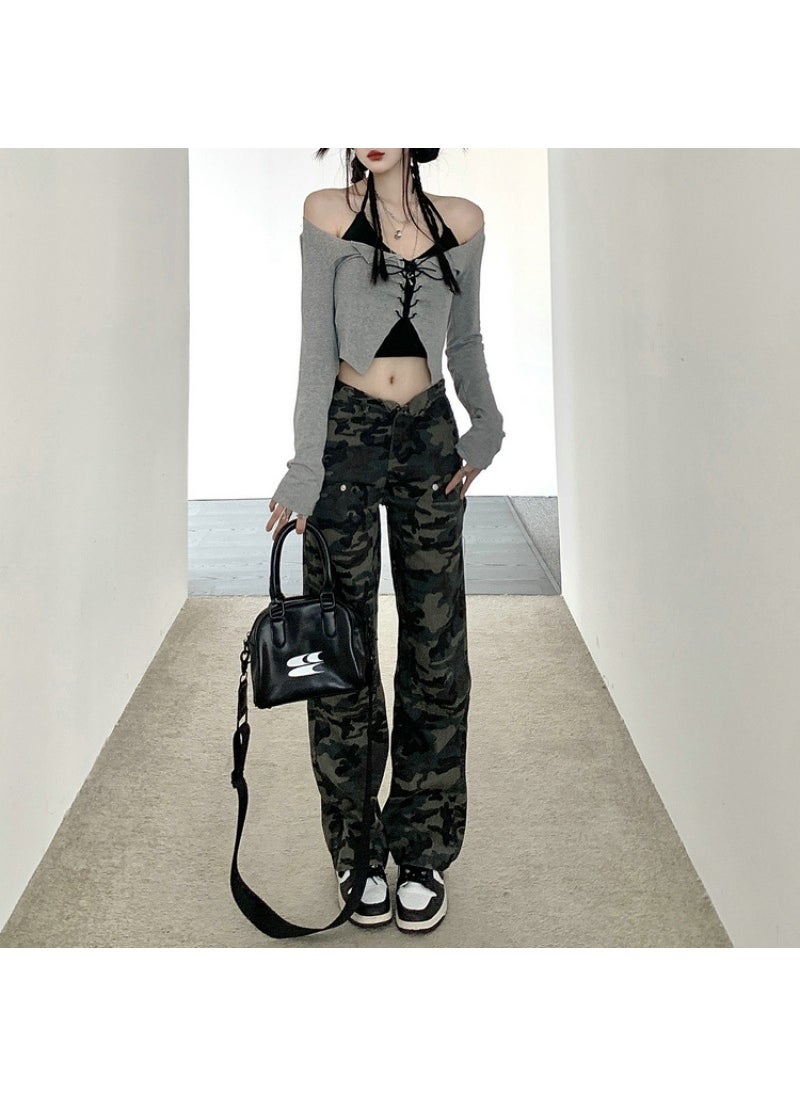 Retro Hiphop Camo Pants Knit Top Set for Women Pants + belt