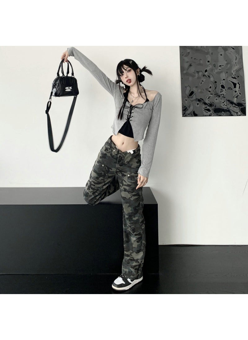 Retro Hiphop Camo Pants Knit Top Set for Women Camouflage Pants