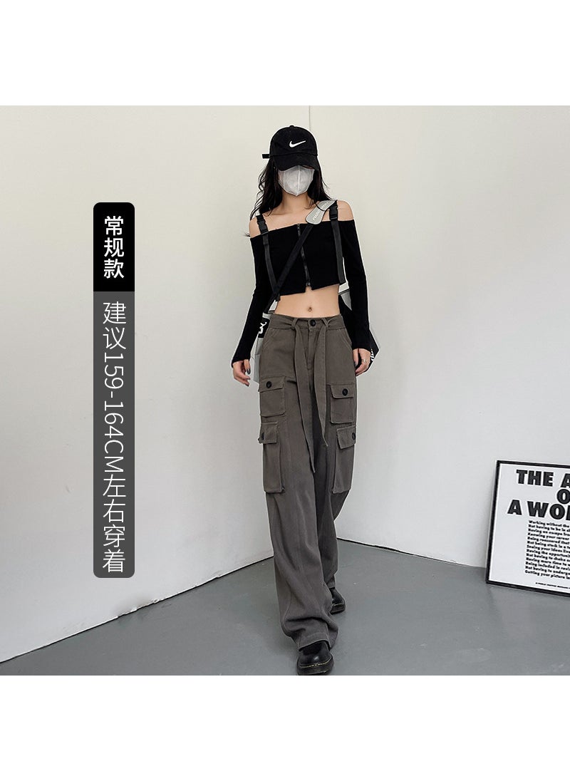 1 x 5 pcs Vintage High-Waist Cargo Pants Women Gray