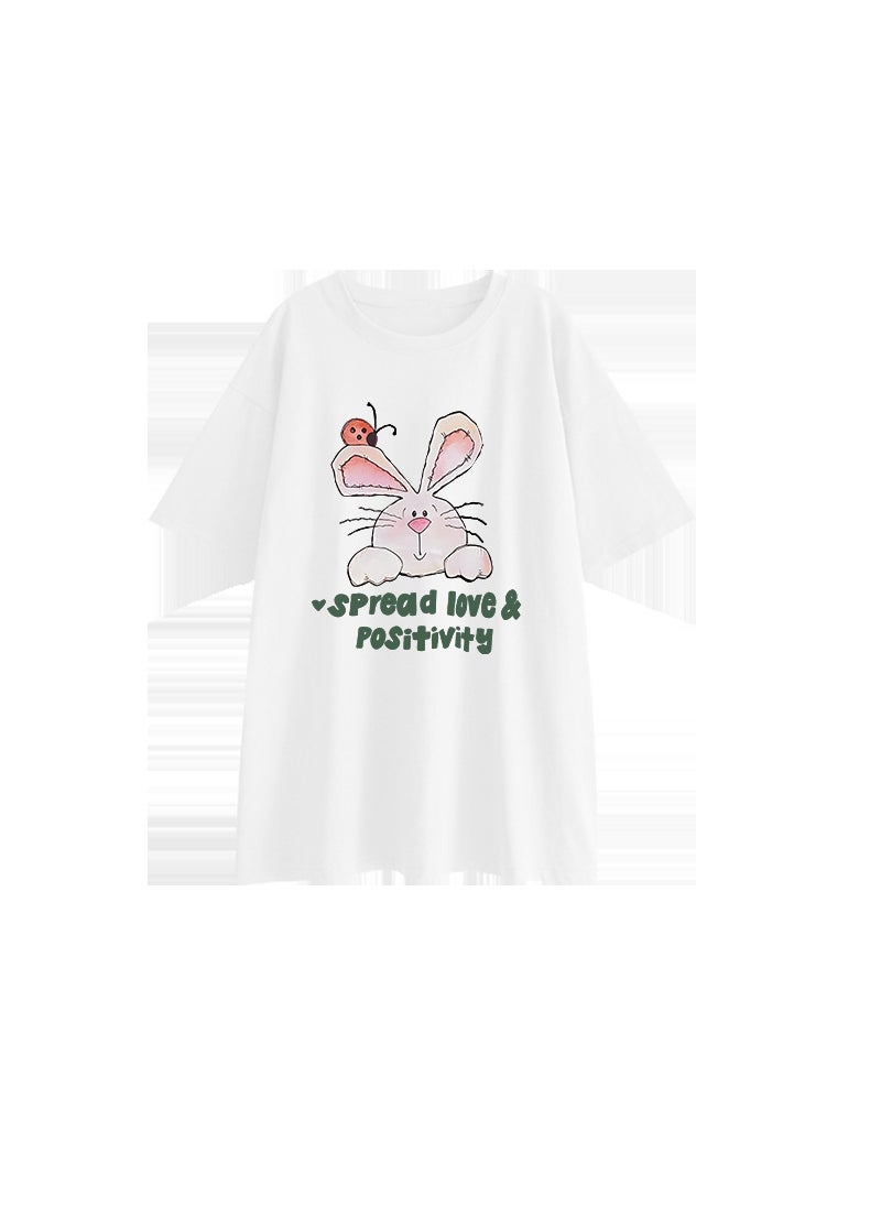 Cute Bunny Print Maternity Tee Summer Casual Oversize White top