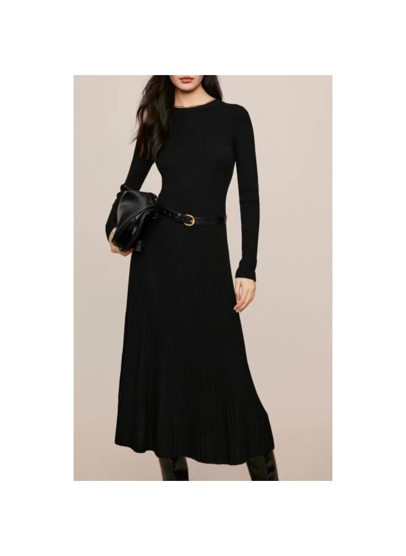 2024 Knitted Maternity Dress Nursing Autumn Hepburn Style Black [Nursing Style]