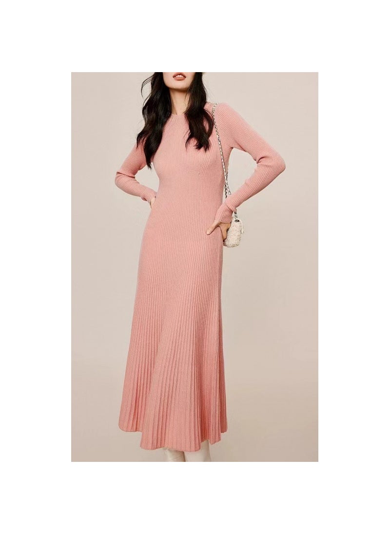2024 Knitted Maternity Dress Nursing Autumn Hepburn Style Pink [Nursing Style]