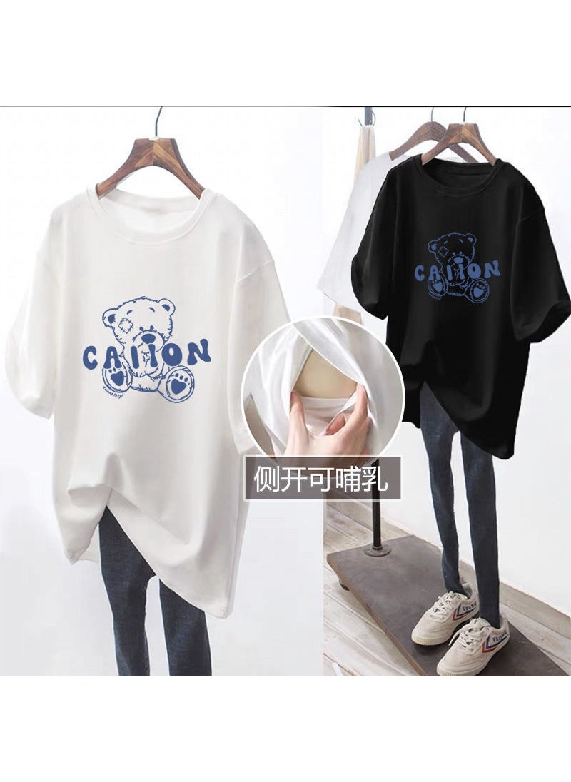 1 x 5 pcs Maternity Chic Nursing T-Shirt Black English blue bear [side opening breastfeeding]]