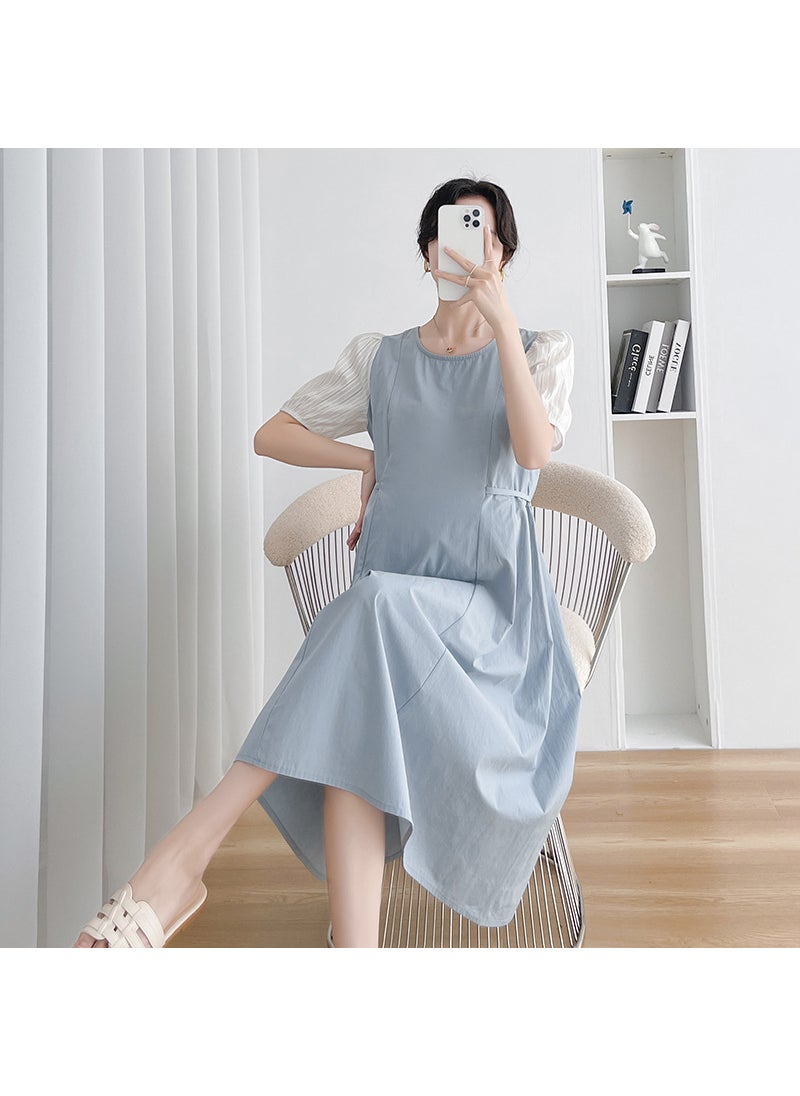 Summer Maternity Dress Loose Fashion Over-Knee Fog Blue