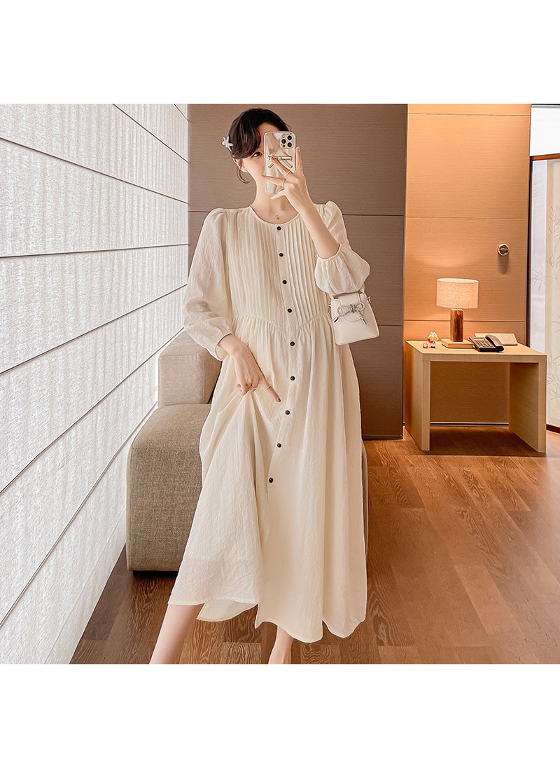 Elegant Long Sleeve Maternity Nursing Dress Apricot White