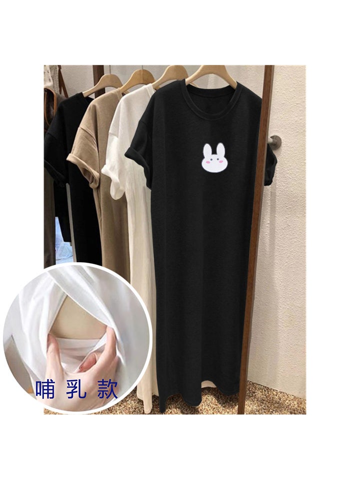 1 x 5 pcs 2024 Summer Maternity Nursing Dress Short Sleeve Black [side opening]]