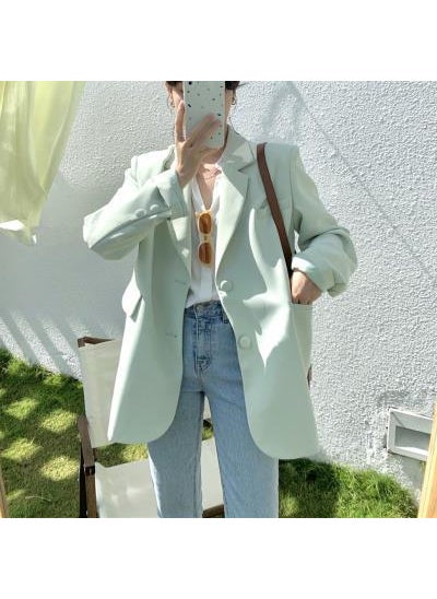 Korean 2023 Spring Candy Color Womens Blazer Grass Green