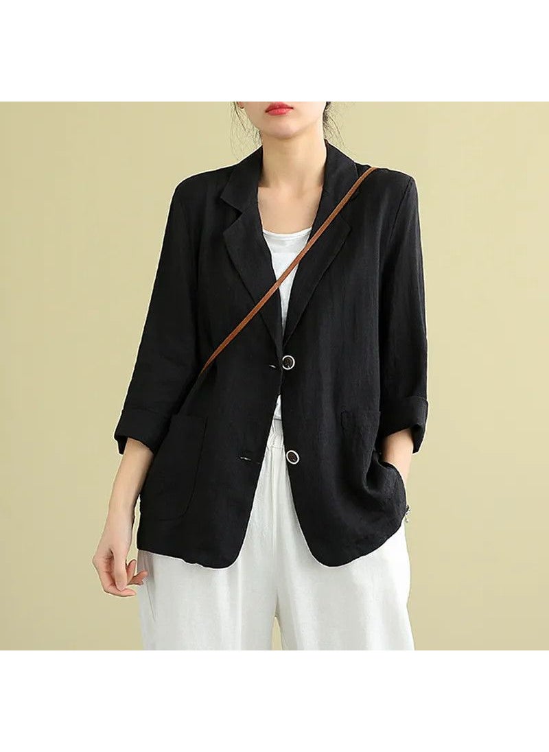 1 x 5 pcs Stylish Cotton Linen Blazer Casual Summer Women Black