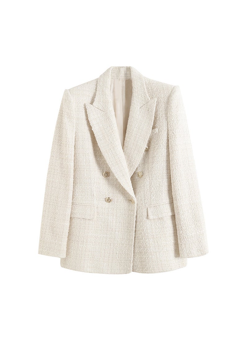 2023 New Womens Textured Double-Breasted Mid-Length Blazer White