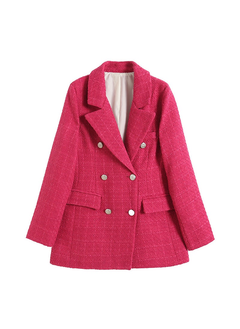 2023 New Womens Textured Double-Breasted Mid-Length Blazer Rose Red