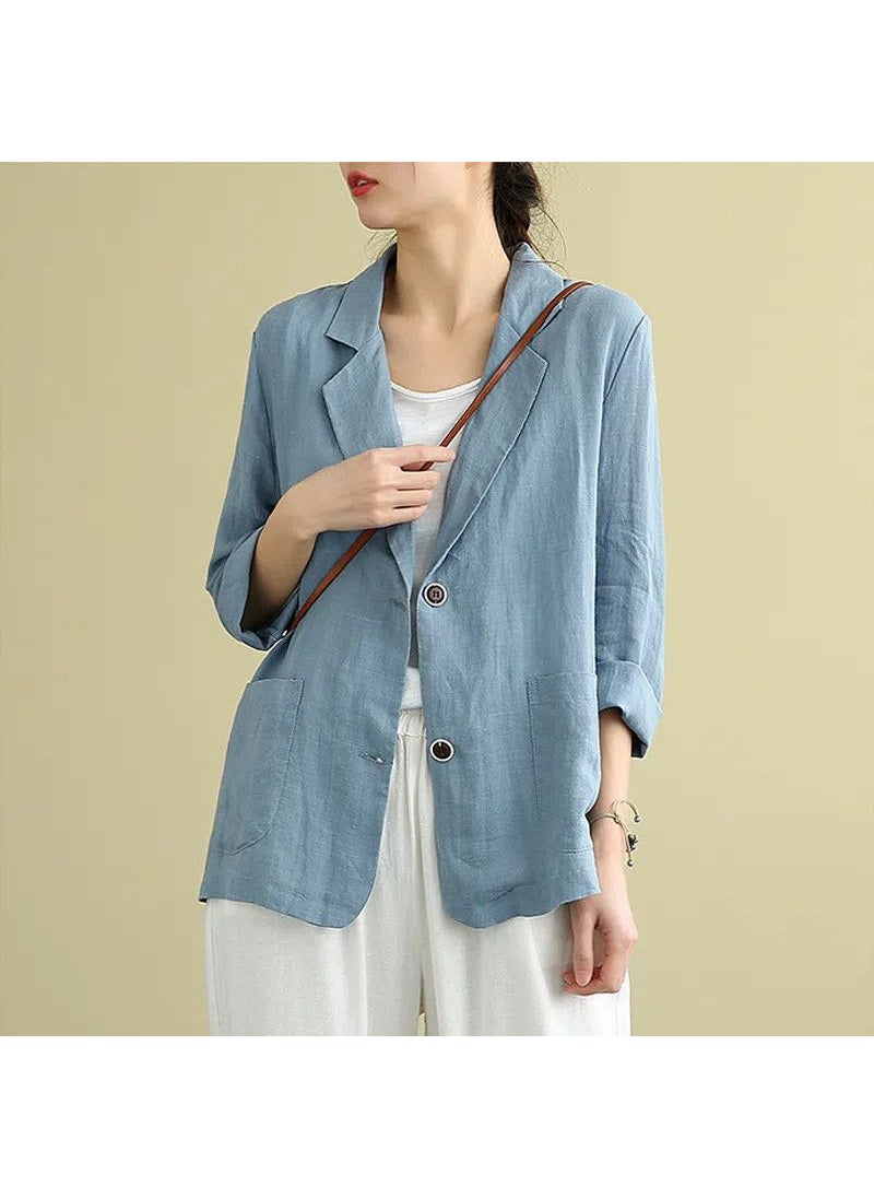 1 x 5 pcs Stylish Cotton Linen Blazer Casual Summer Women Light blue